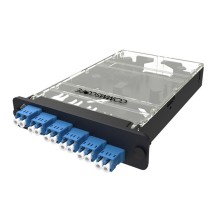 Casete de empalme de placa frontal y panel, 24 fibras, puerto dúplex de 12 LC, 8.74 "de largo x 6.34" de ancho x 1.3 "de alto, conector azul, conjunto de plástico negro, para solución Fiber Express